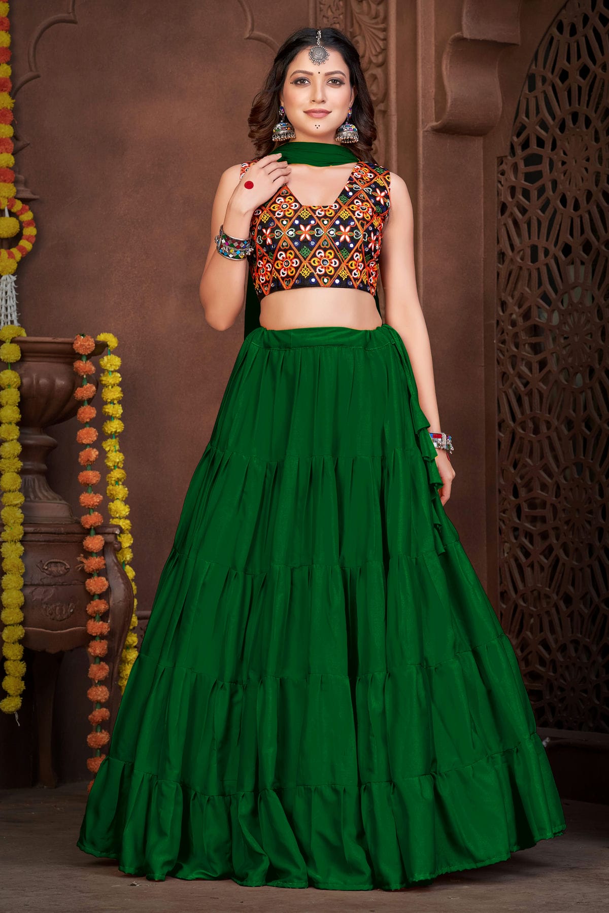 Light Green Colour Embroidery Work French Crepe Navratri Lehenga