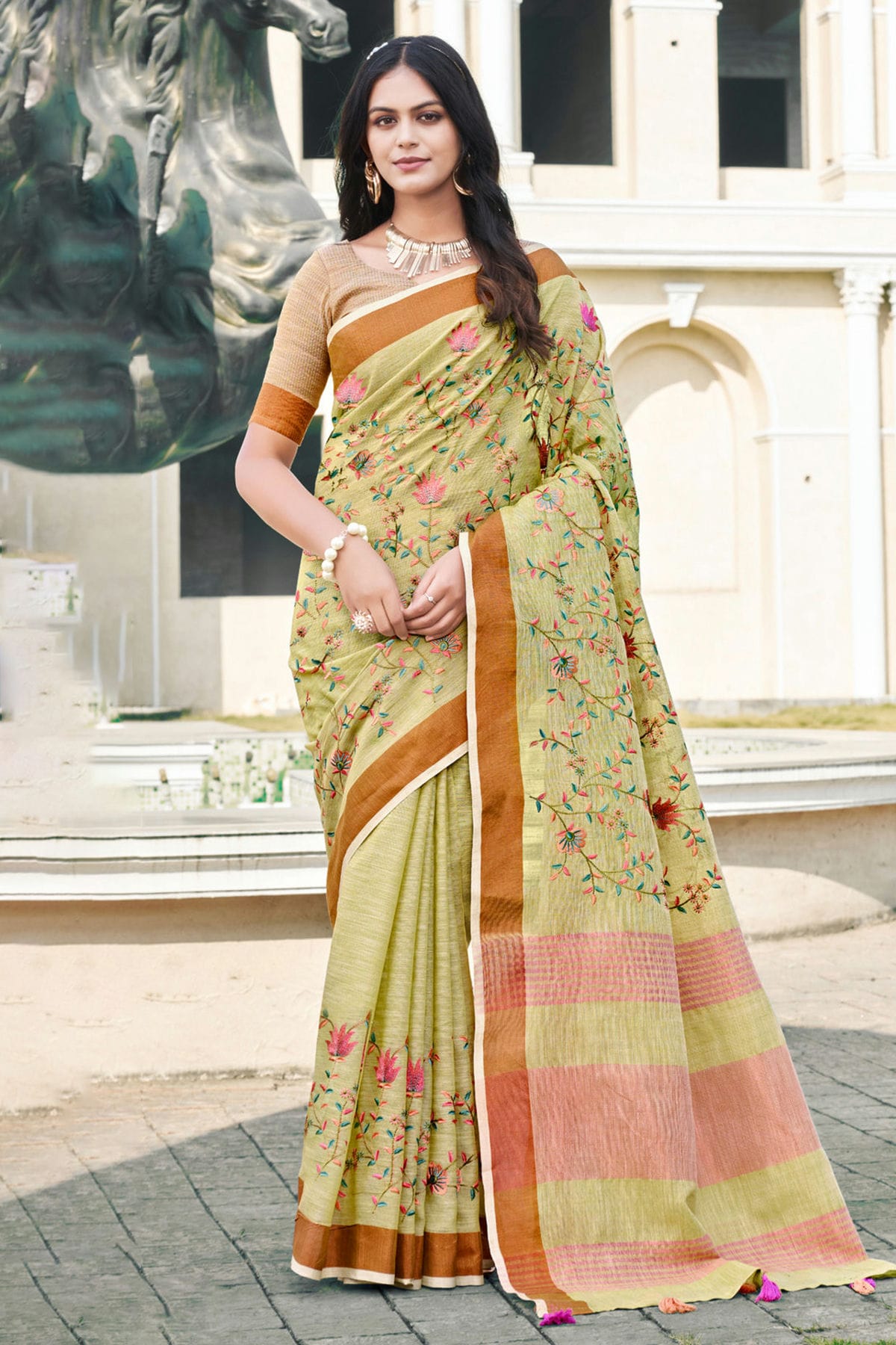 Light Green Colour Embroidery Work Linen Saree