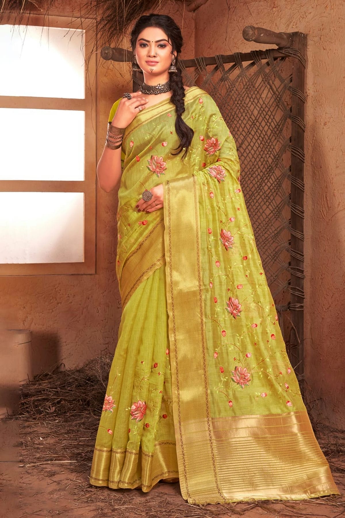 Light Green Colour Embroidery Work Organza Saree