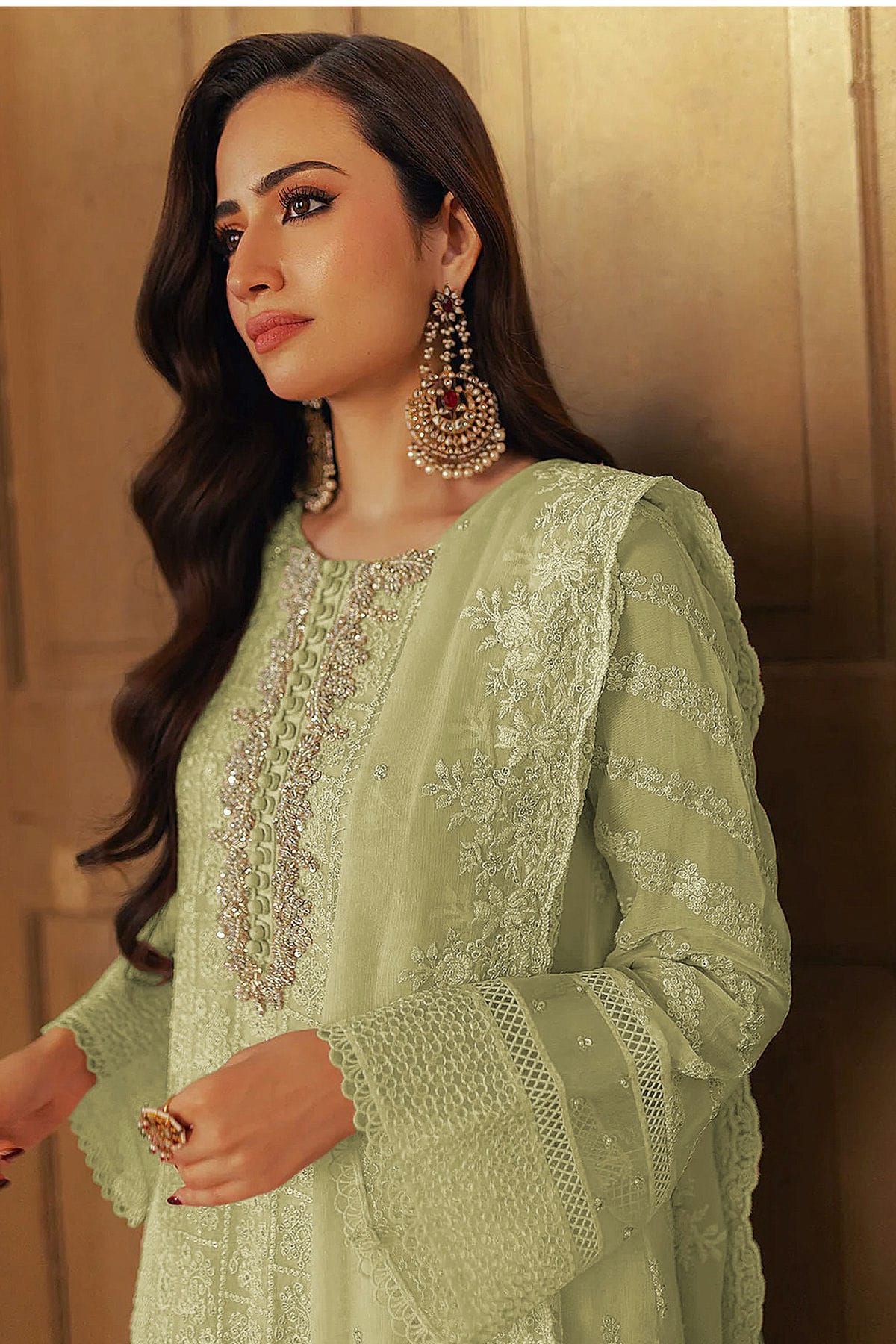 Light Green Colour Faux Georgette Semi Stitched Pakistani Suit VSSM1140468