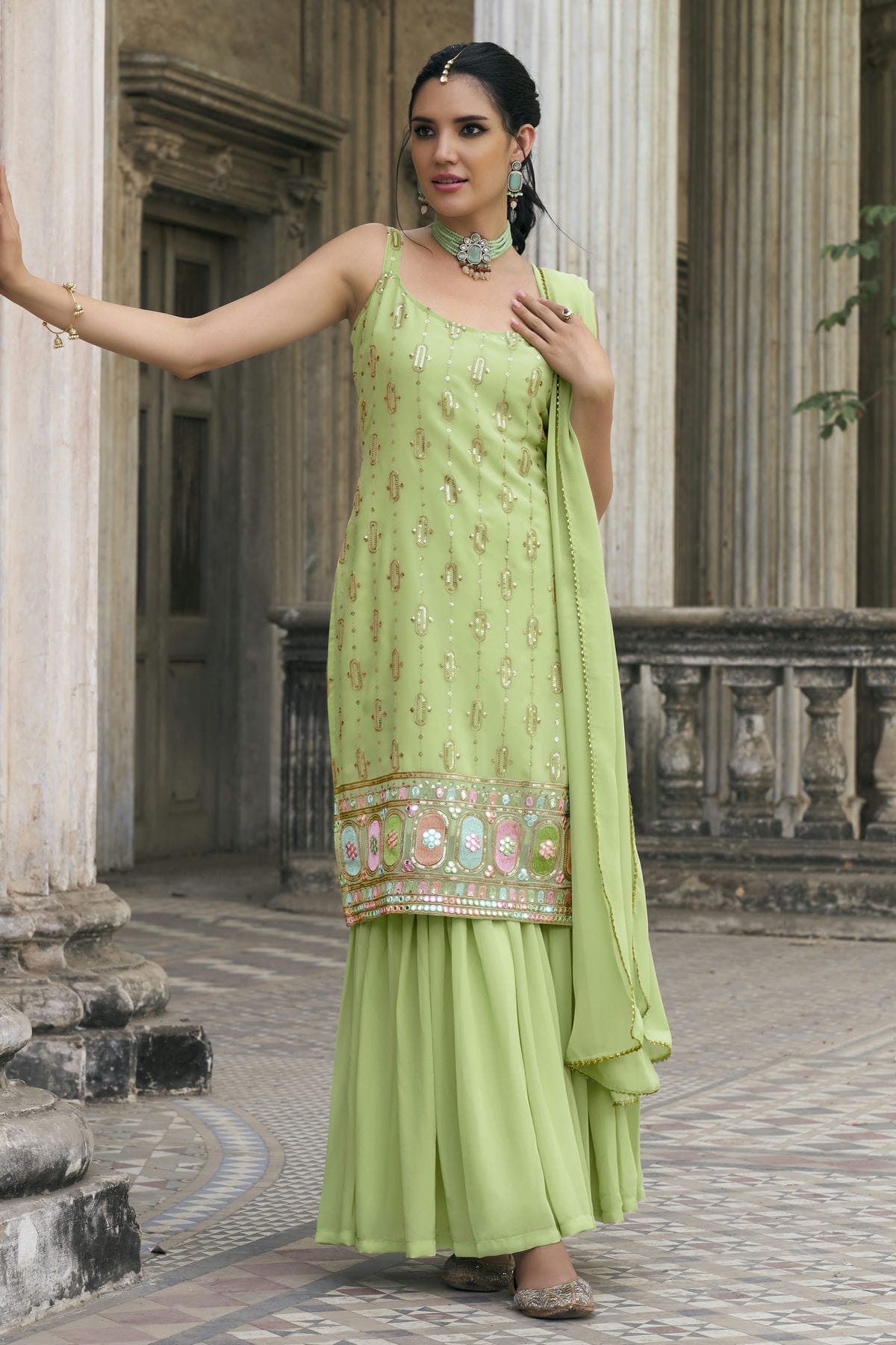 Light Green Colour Faux Georgette Sharara Suit