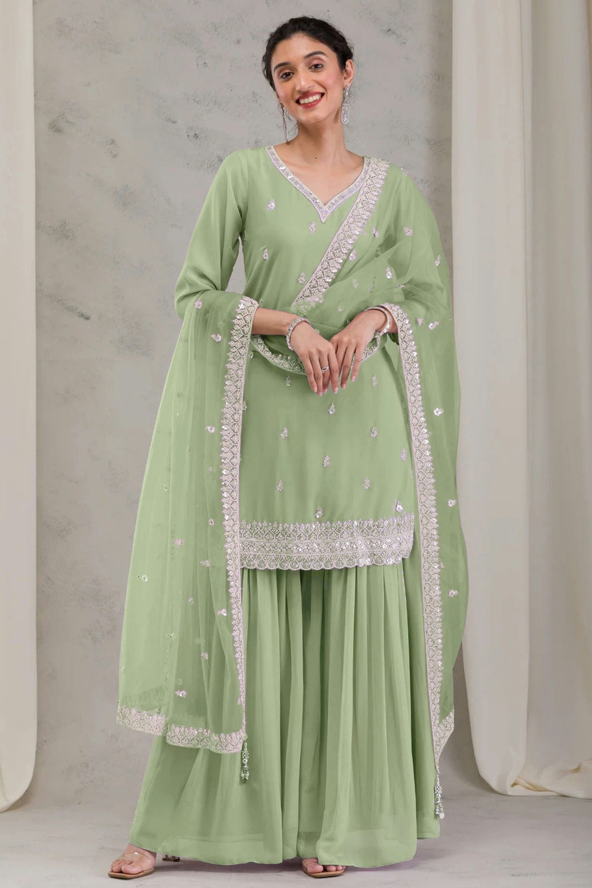 Light Green Colour Georgette Stitched Sharara Suit VSSS1140777