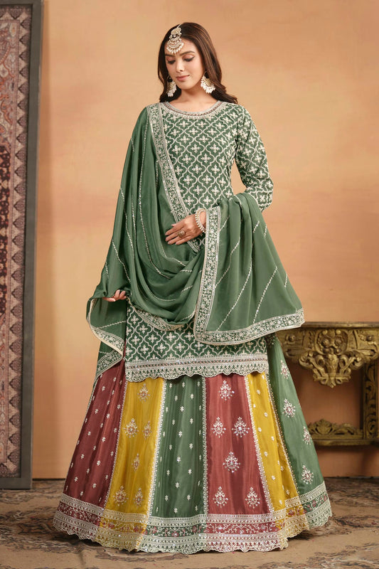 Light Green Colour Lehenga Suit Chinon Semi Stitched