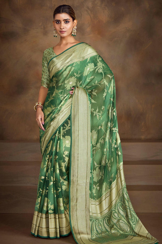 Light Green Colour Moss Brasso Traditional Saree