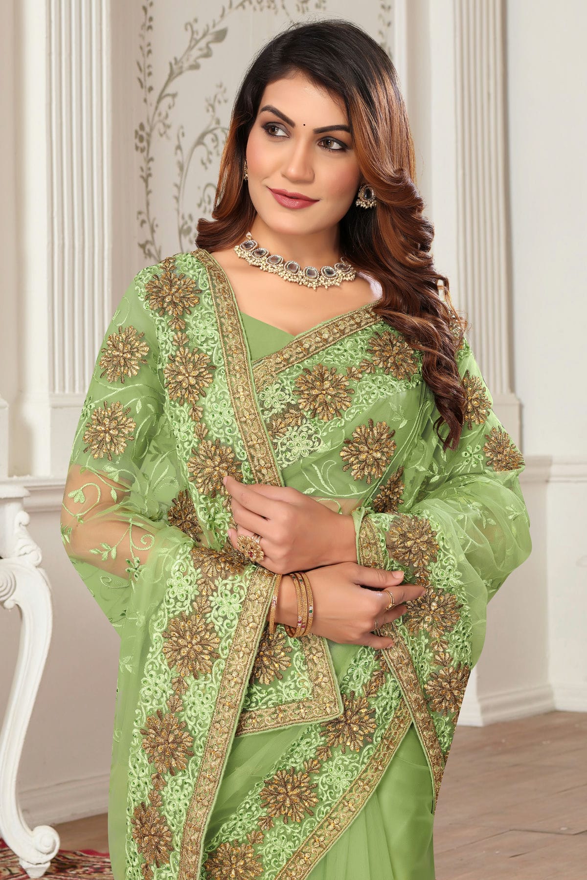 Light Green Colour Net Designer Saree