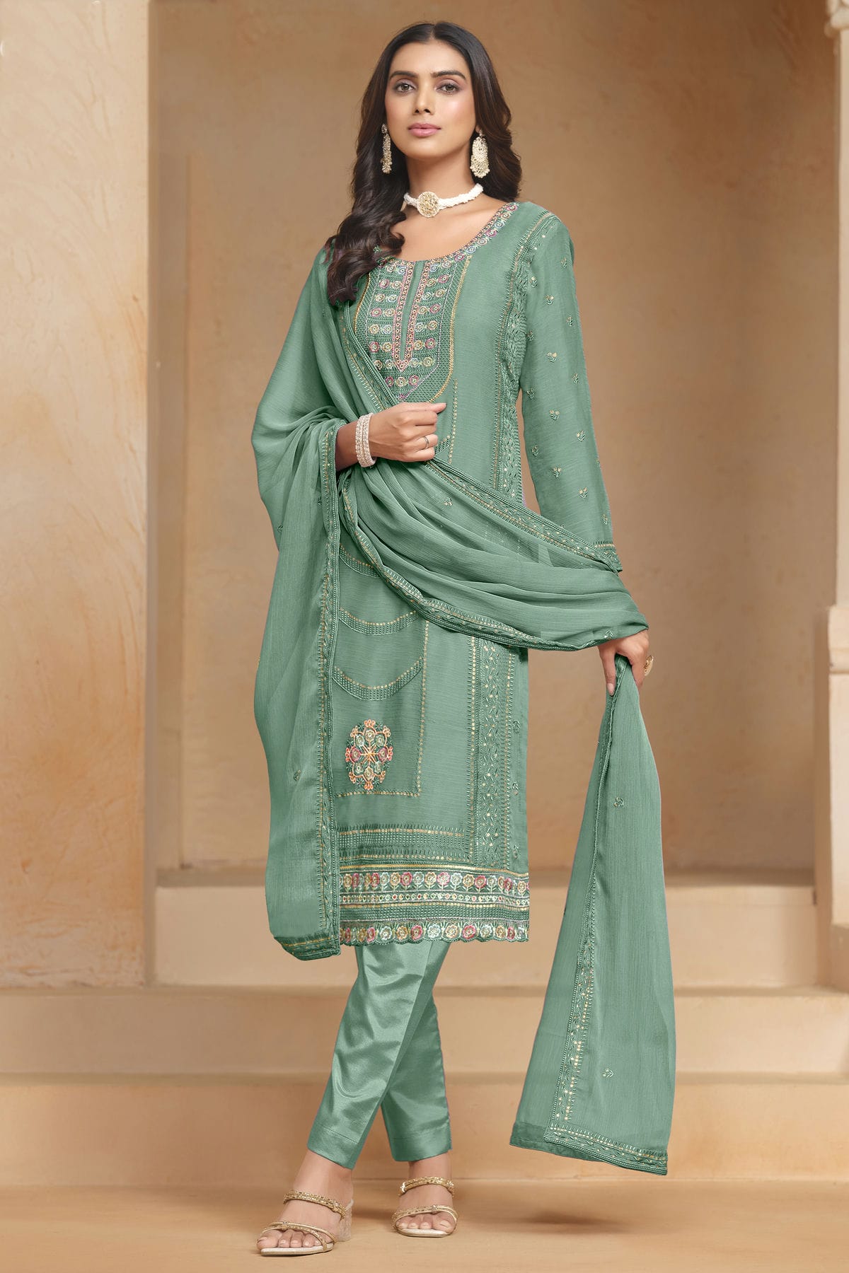 Light Green Colour Organza Chiffon Semi Stitched Pant Style Suit VSSM1050611