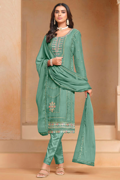 Light Green Colour Organza Chiffon Semi Stitched Pant Style Suit VSSM1050611