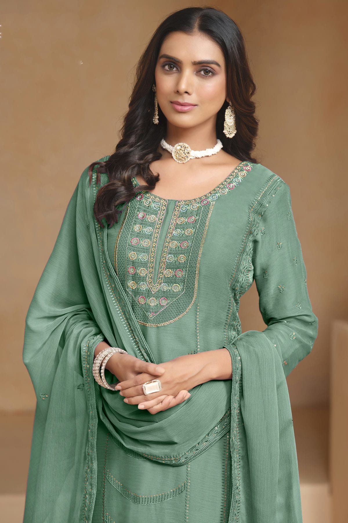 Light Green Colour Organza Chiffon Semi Stitched Pant Style Suit VSSM1050611