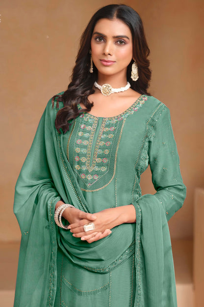 Light Green Colour Organza Chiffon Semi Stitched Pant Style Suit VSSM1050611