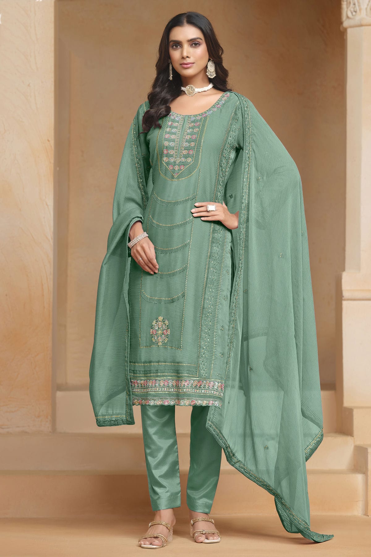 Light Green Colour Organza Chiffon Semi Stitched Pant Style Suit