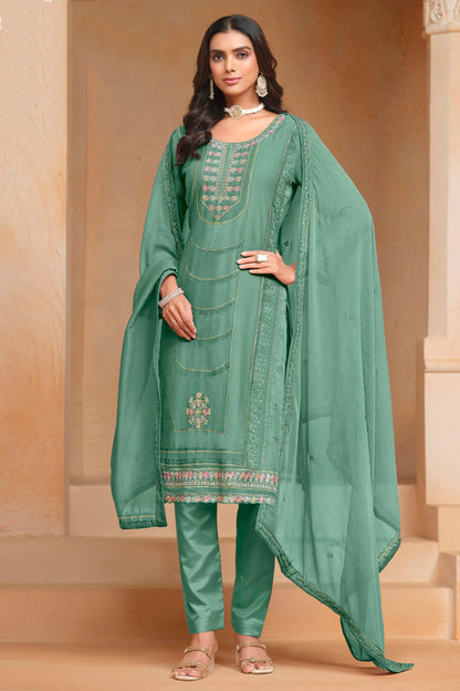 Light Green Colour Organza Chiffon Semi Stitched Pant Style Suit