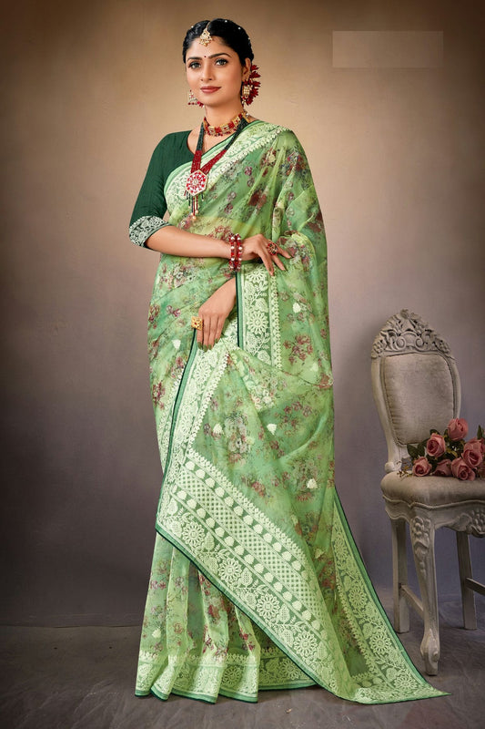 Light Green Colour Organza Printed Saree