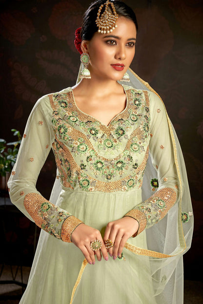 Light Green Colour Semi Stitched Butterfly Net Anarkali Suit