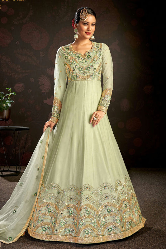 Light Green Colour Semi Stitched Butterfly Net Anarkali Suit