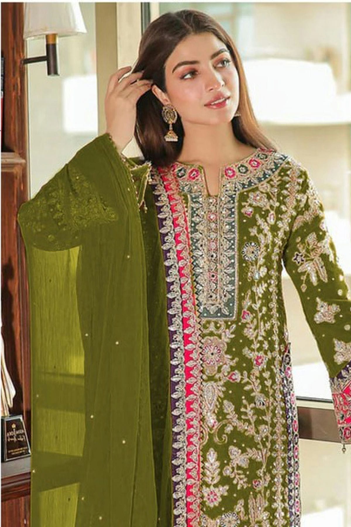 Light Green Colour Semi Stitched Chinon Silk Pakistani Suit