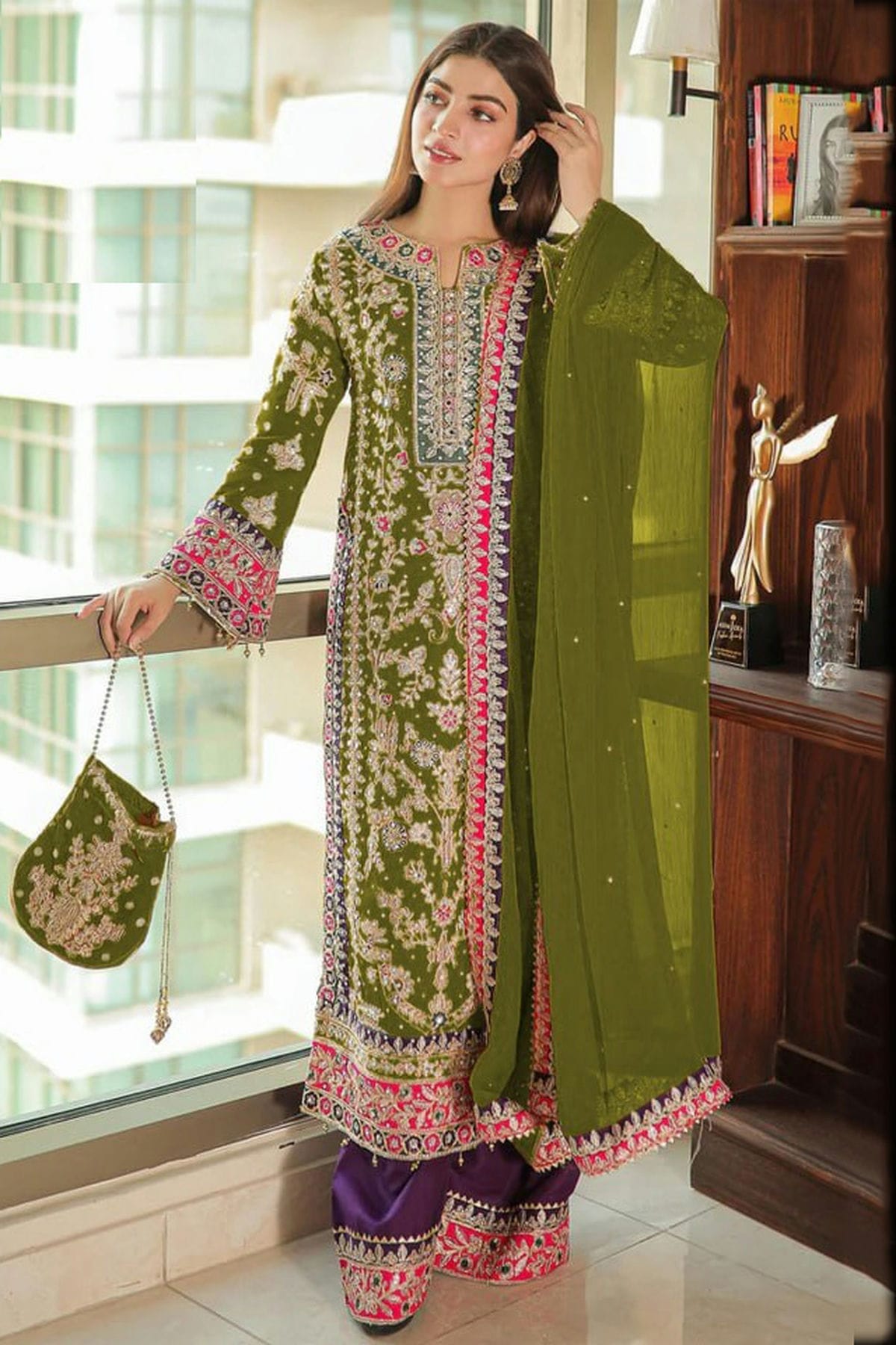 Light Green Colour Semi Stitched Chinon Silk Pakistani Suit