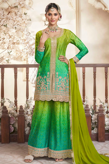 Light Green Colour Semi Stitched Chinon Silk Palazzo Pant Suit VSSM1140696