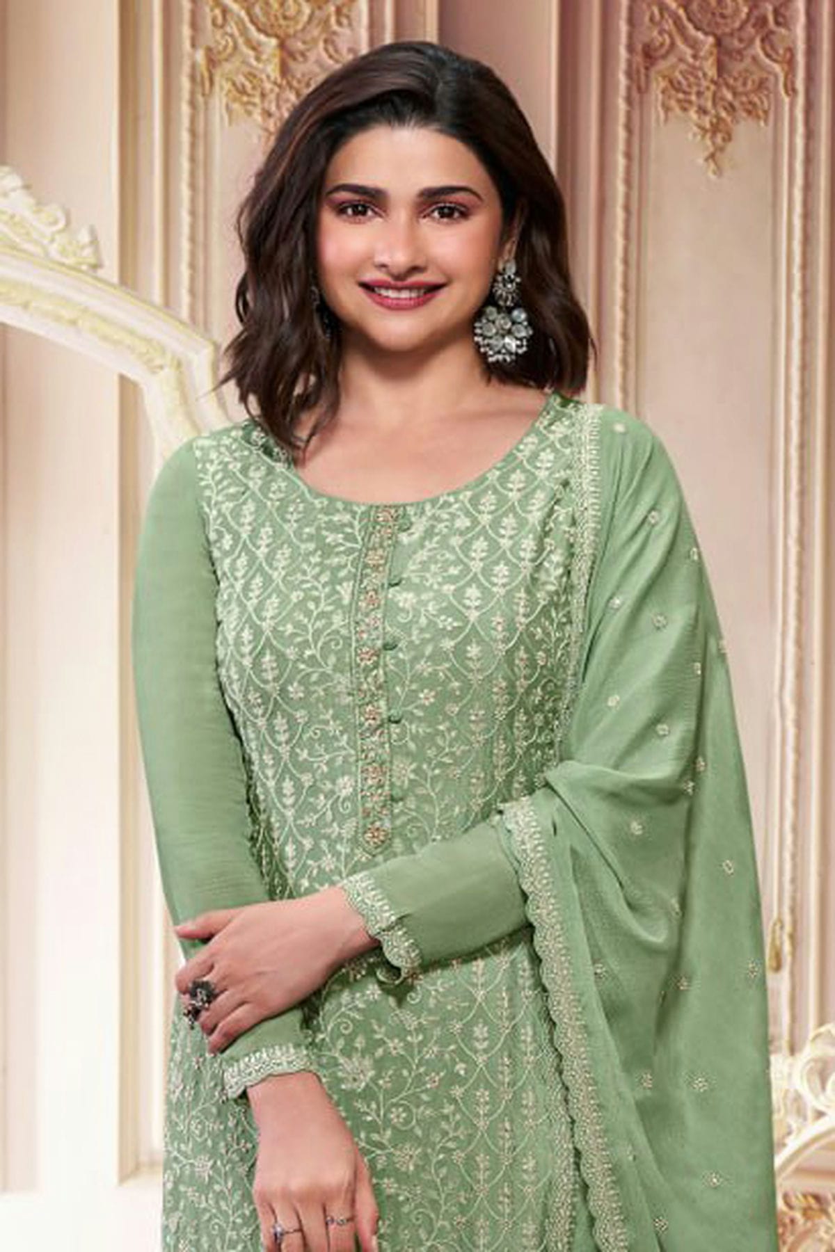 Light Green Colour Semi Stitched Chinon Silk Pant Style Suit