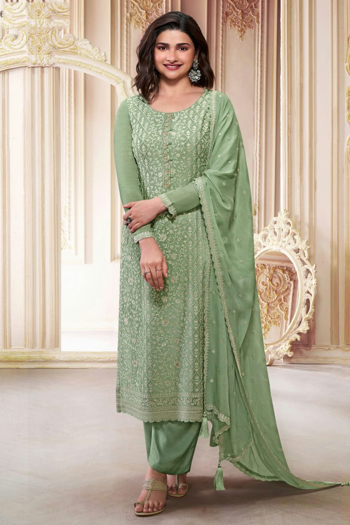 Light Green Colour Semi Stitched Chinon Silk Pant Style Suit