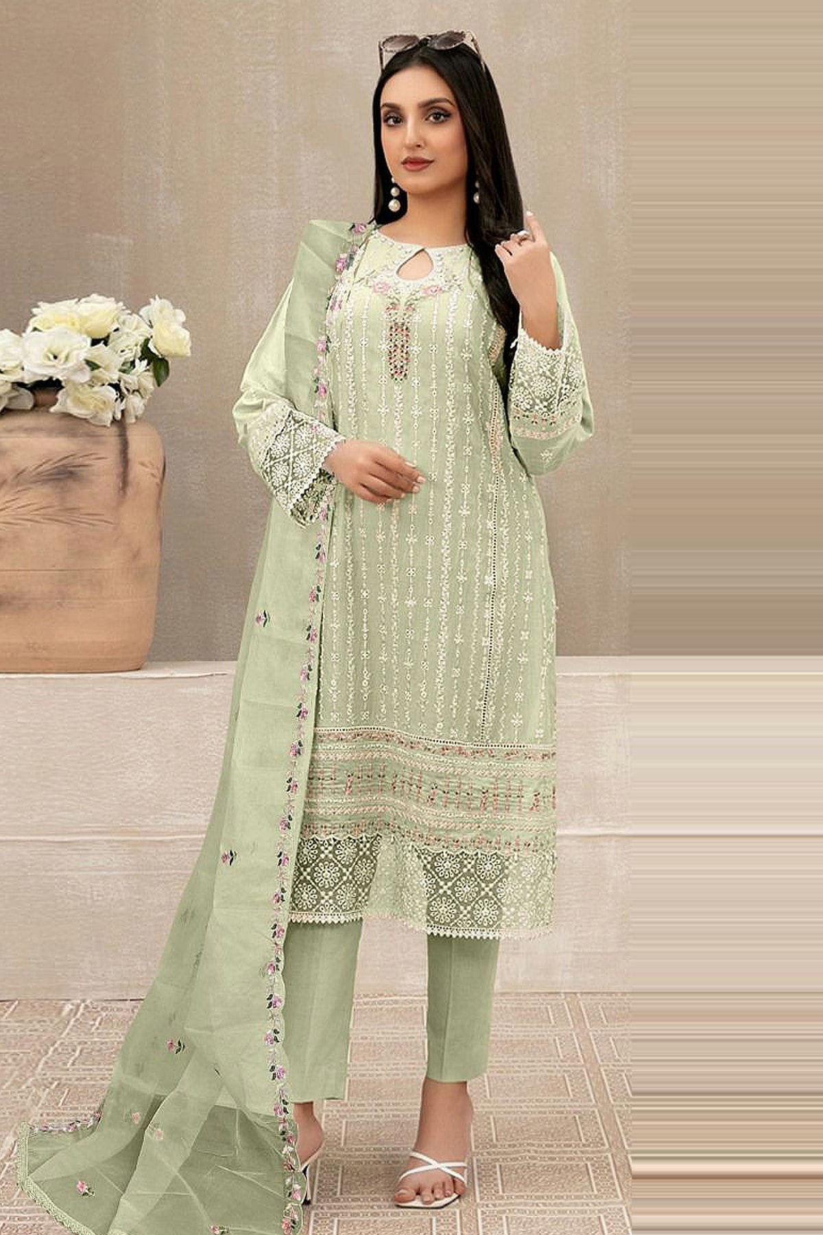 Light Green Colour Semi Stitched Faux Georgette Pakistani Suit