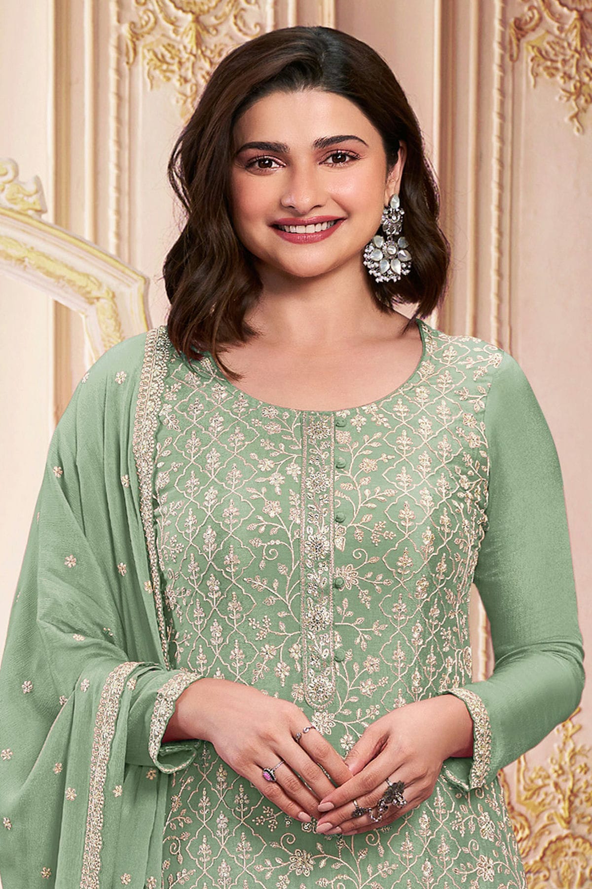 Light Green Colour Semi Stitched Faux Georgette Pant Style Suit