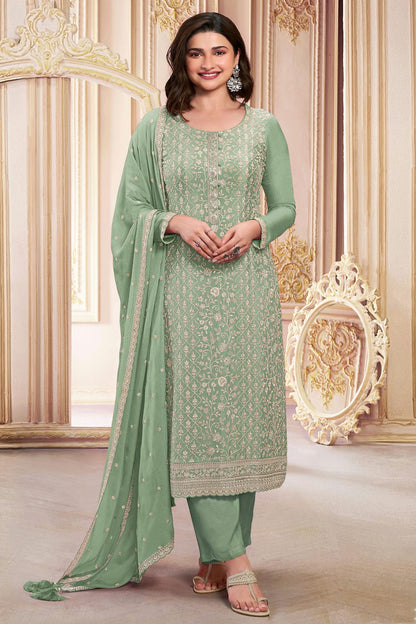 Light Green Colour Semi Stitched Faux Georgette Pant Style Suit