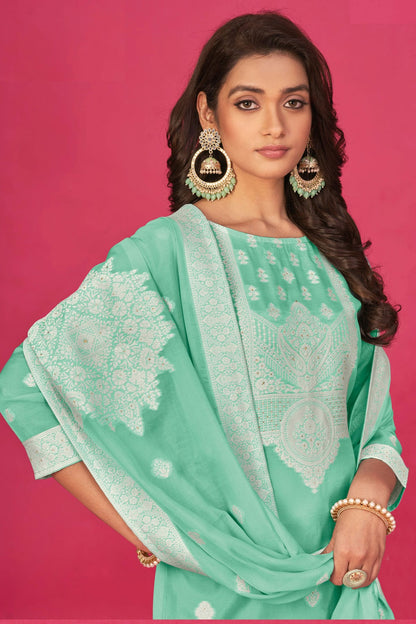 Light Green Colour Semi Stitched Jacquard Straight Suit