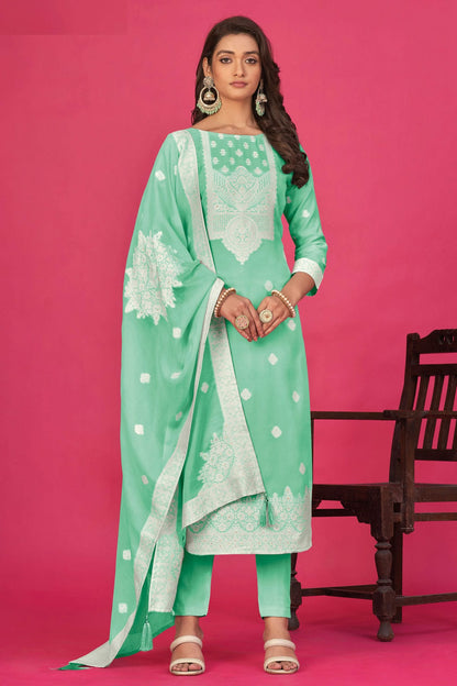 Light Green Colour Semi Stitched Jacquard Straight Suit