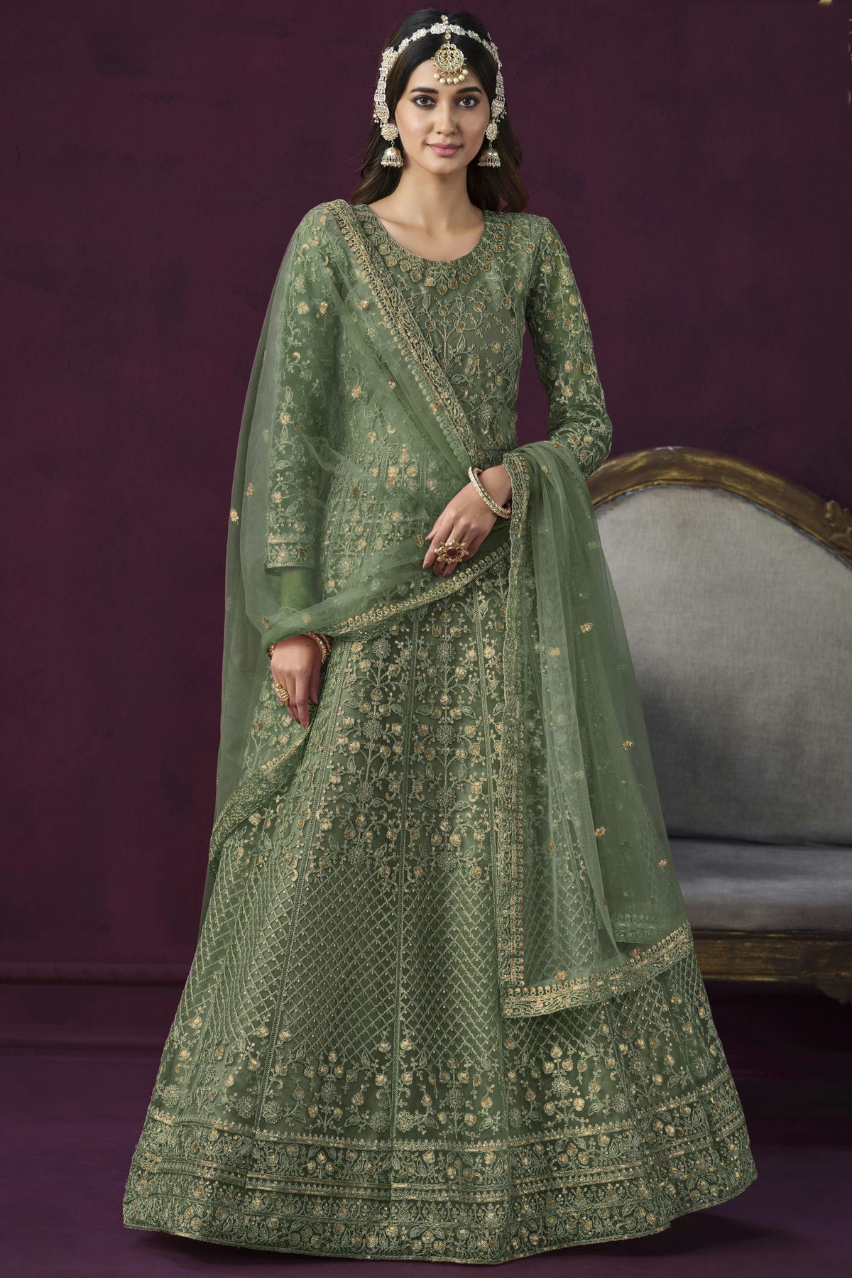 Light Green Colour Semi Stitched Net Anarkali Suit