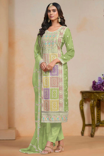 Light Green Colour Soft Organza Semi Stitched Pant Style Suit VSSM1050619