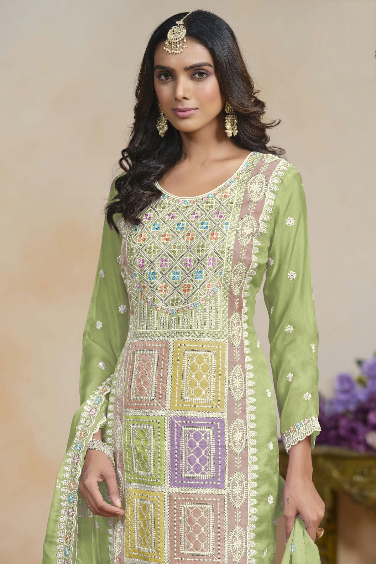 Light Green Colour Soft Organza Semi Stitched Pant Style Suit VSSM1050619