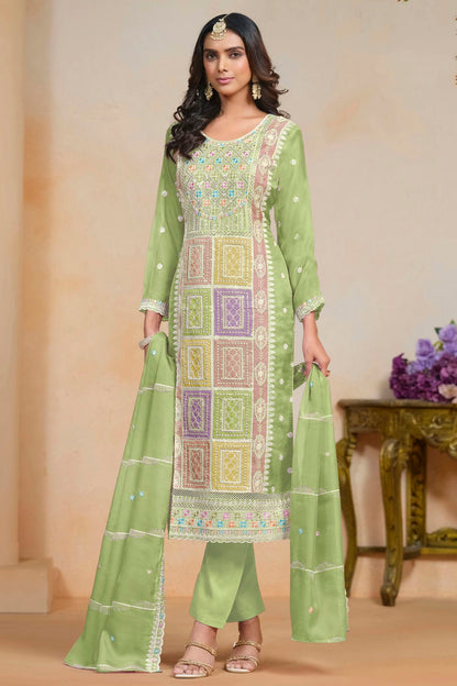 Light Green Colour Soft Organza Semi Stitched Pant Style Suit