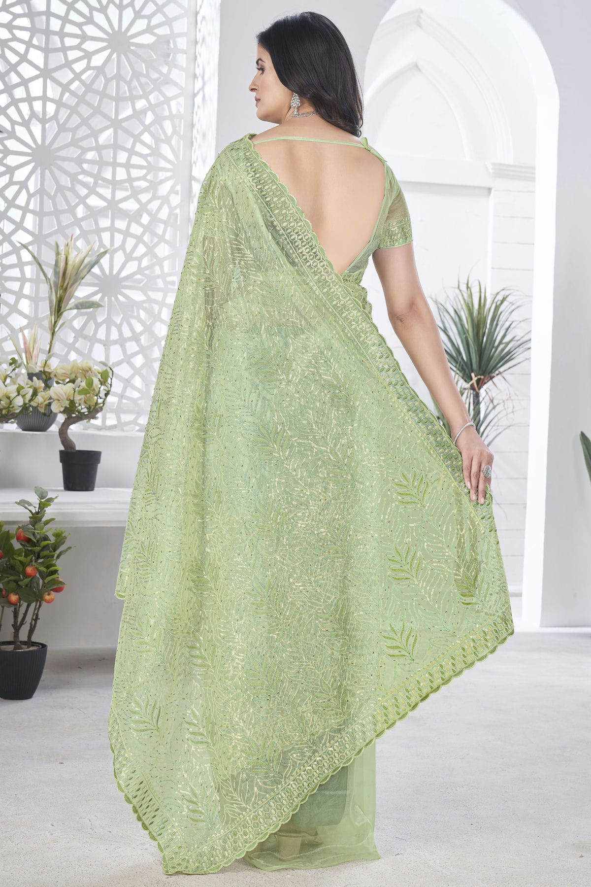 Light Green Colour Tissue Net Designer Saree VSSD1112575