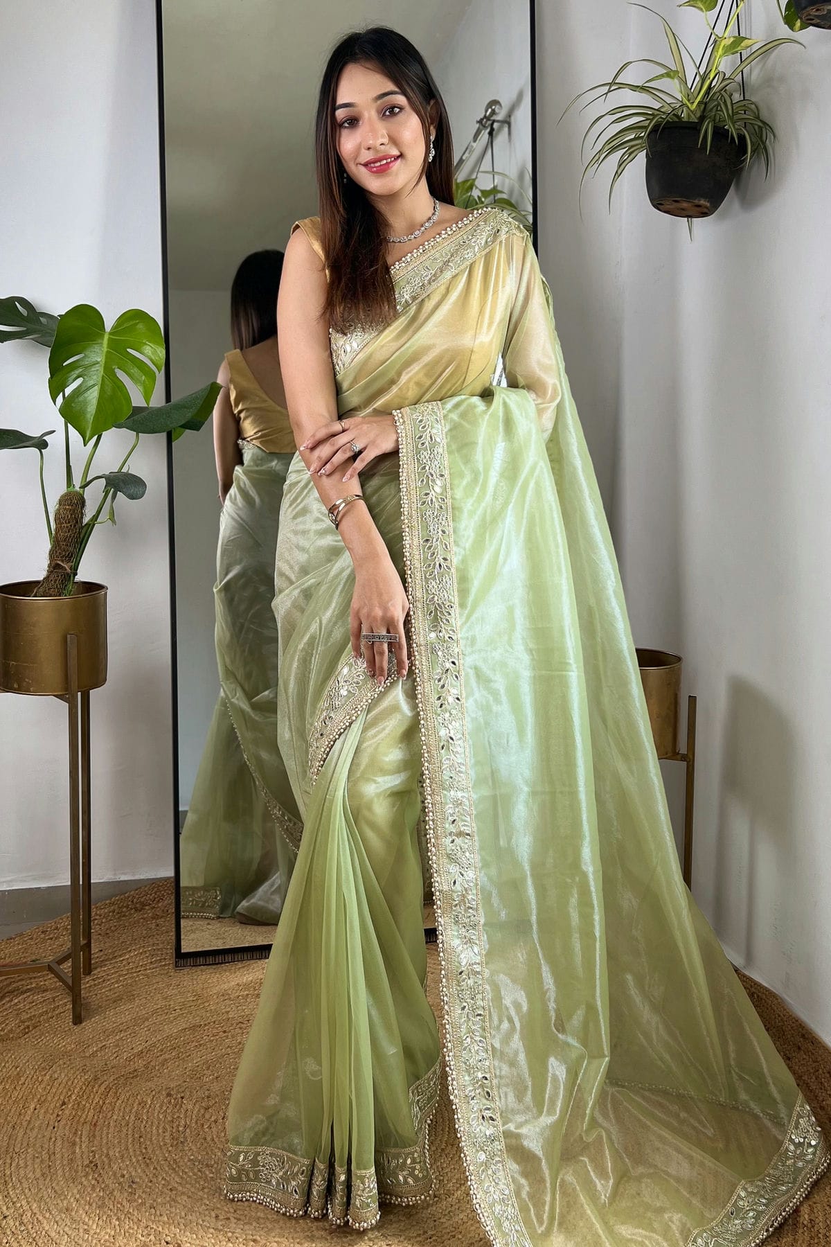 Light Green Colour Tissue Silk Designer Saree