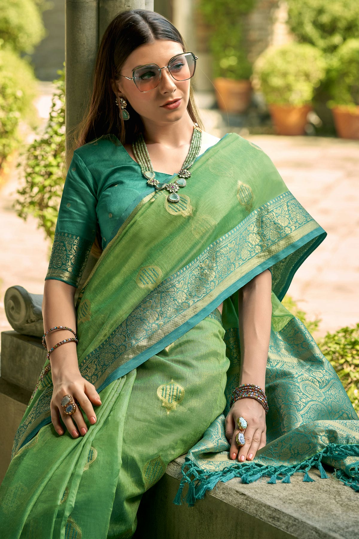 Light Green Colour Tissue Silk Saree