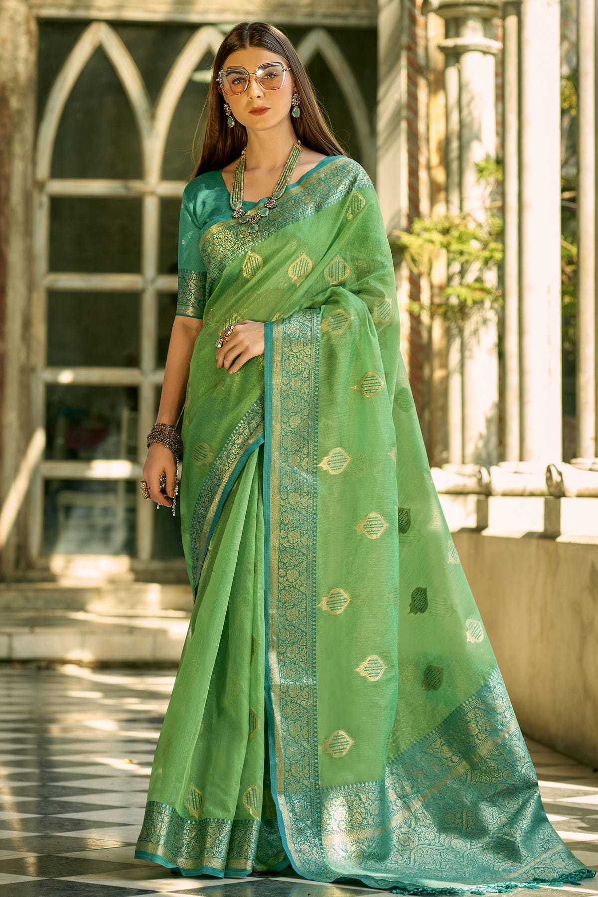 Light Green Colour Tissue Silk Saree