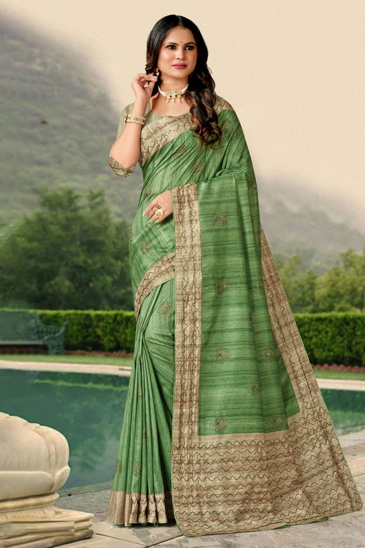 Light Green Colour Tussar Silk Traditional Saree