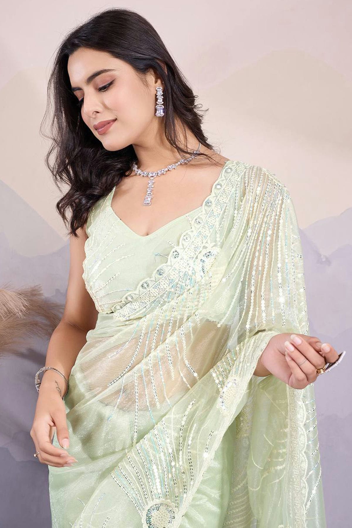 Light Green Colour Twill Net Embroidery Work Saree VSSD1290012