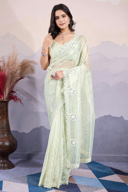 Light Green Colour Twill Net Embroidery Work Saree