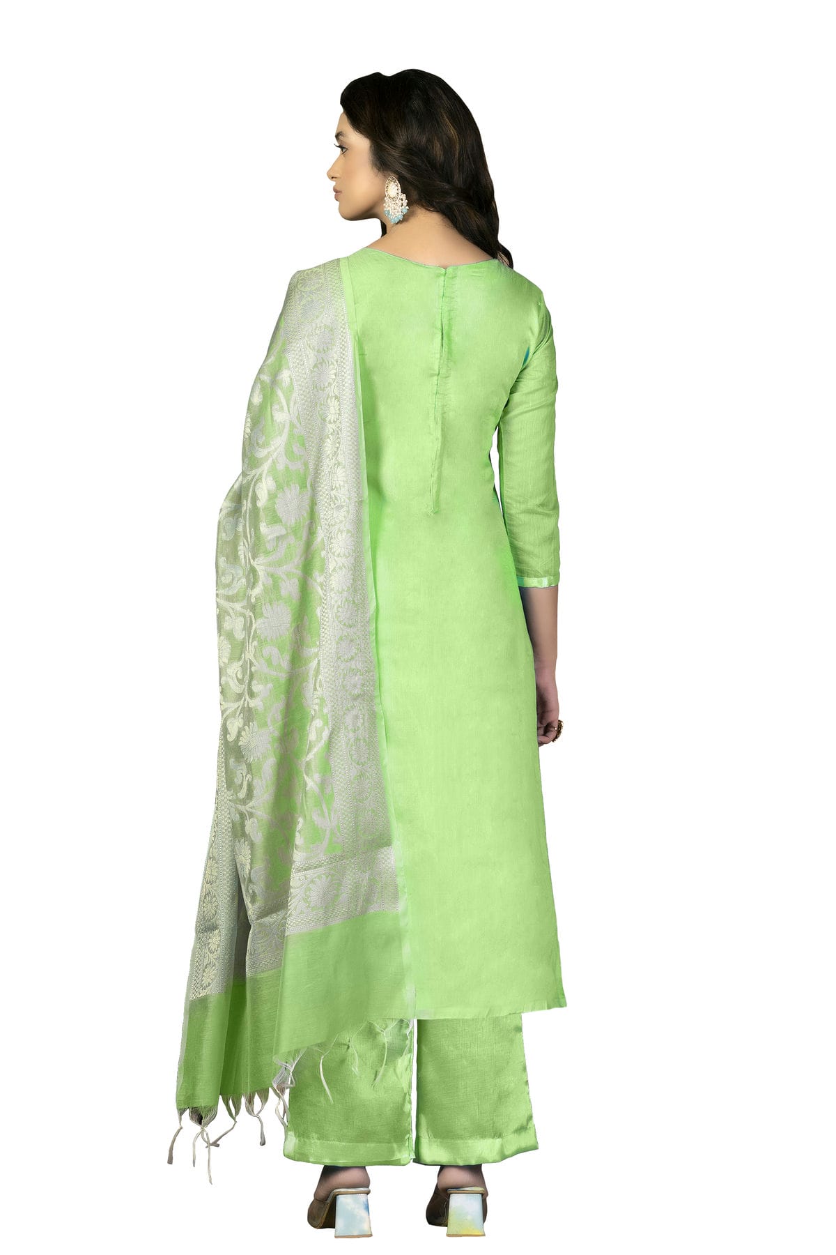 Light Green Colour Unstitched Banarasi Jacquard Fabric Straight Suit