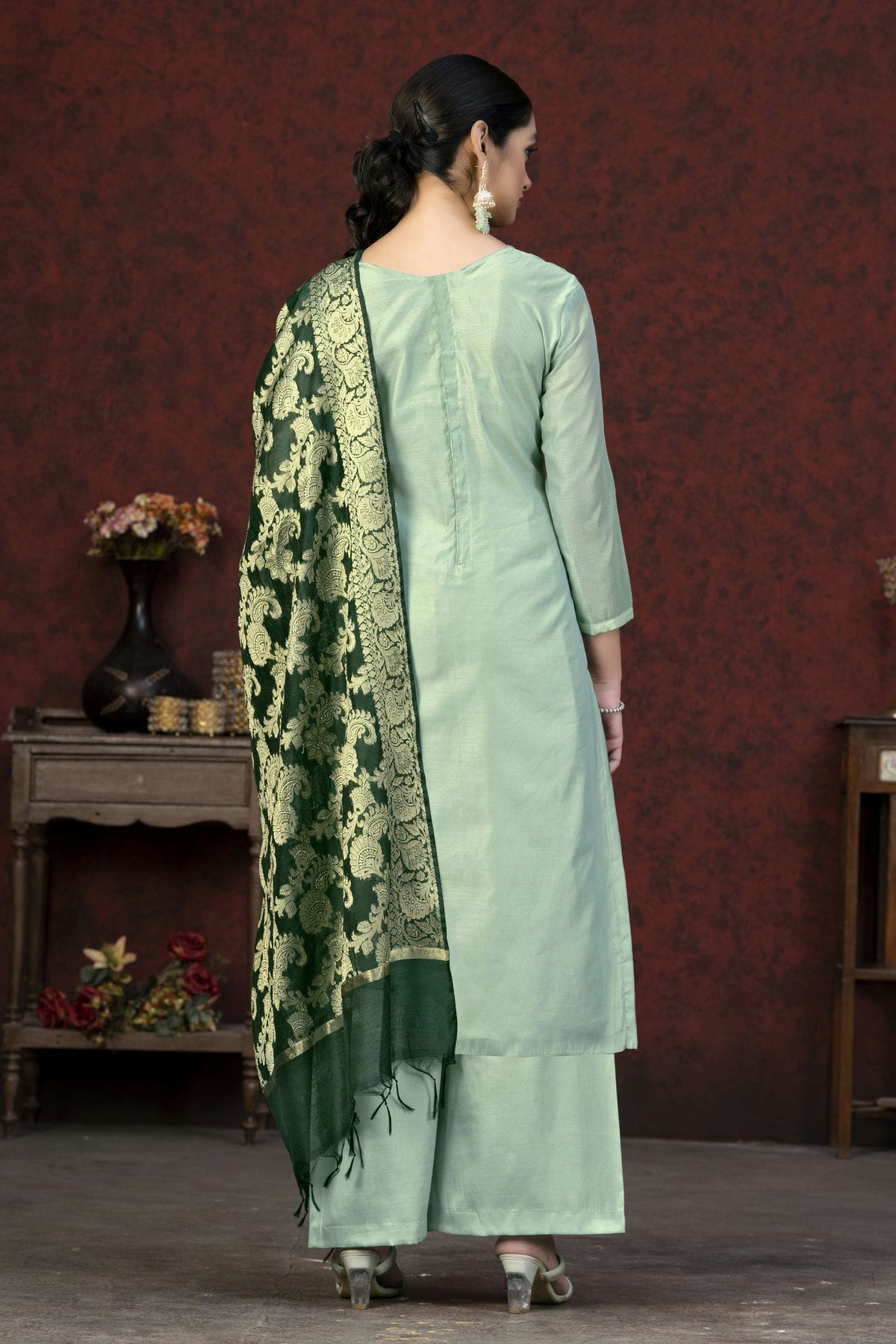 Light Green Colour Unstitched Banarasi Jacquard Palazoo Pant Suit