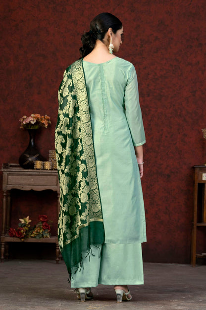 Light Green Colour Unstitched Banarasi Jacquard Palazoo Pant Suit