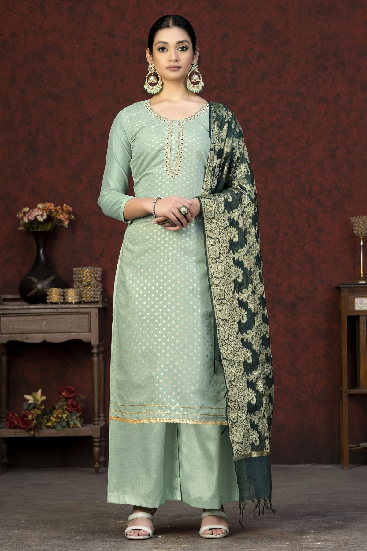 Light Green Colour Unstitched Banarasi Jacquard Palazoo Pant Suit