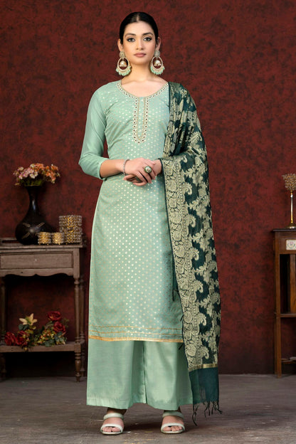 Light Green Colour Unstitched Banarasi Jacquard Palazoo Pant Suit