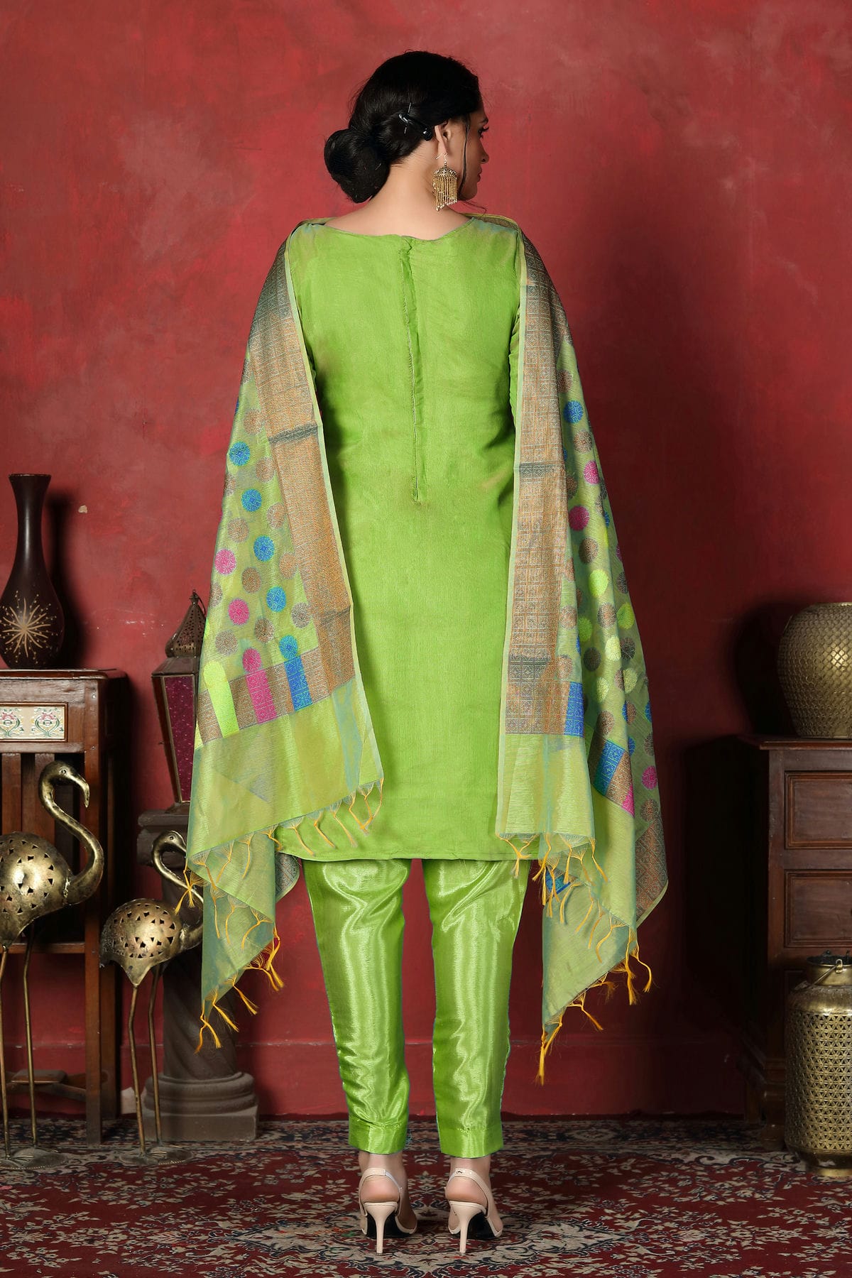 Light Green Colour Unstitched Banarasi Silk Churidar Suit