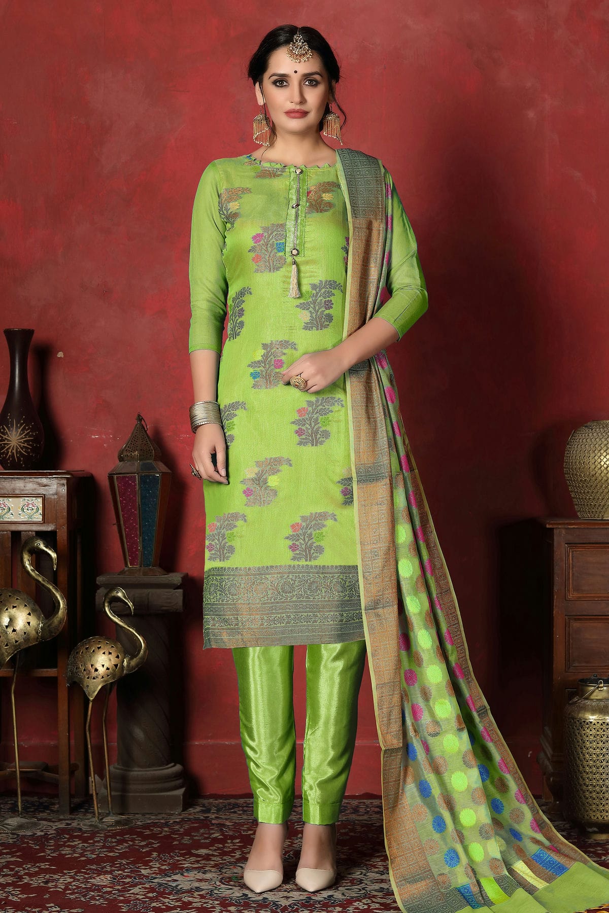 Light Green Colour Unstitched Banarasi Silk Churidar Suit