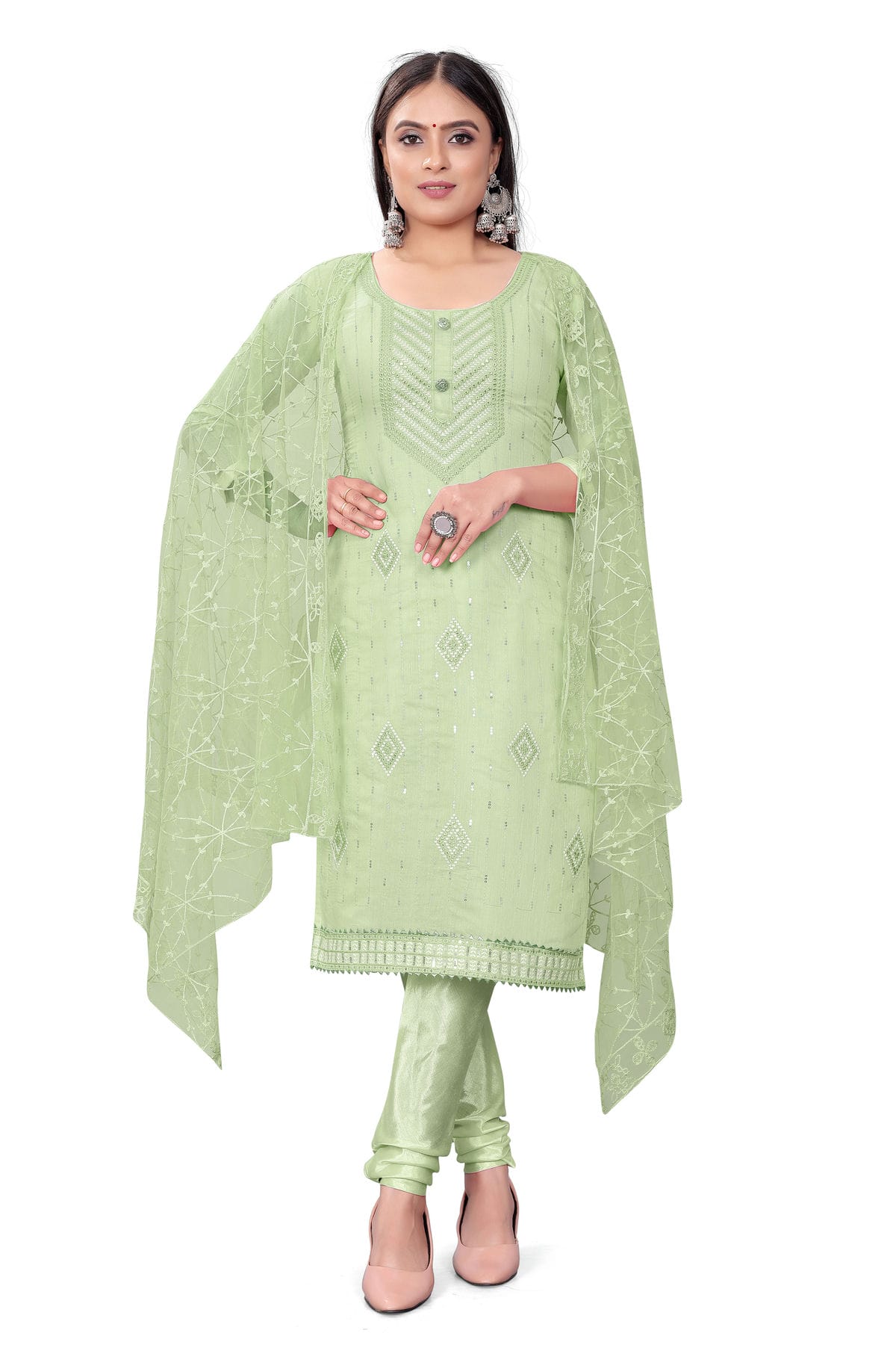 Light Green Colour Unstitched Chanderi Cotton Churidar Suit