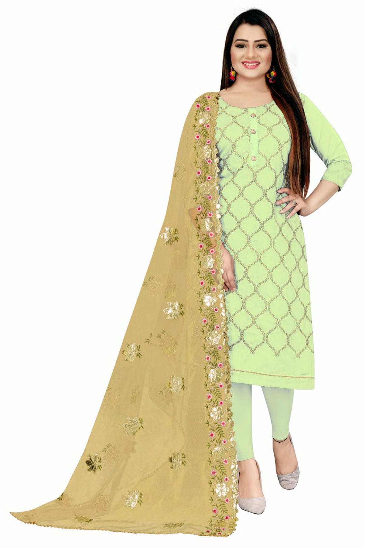 Light Green Colour Unstitched Chanderi Straight Suit