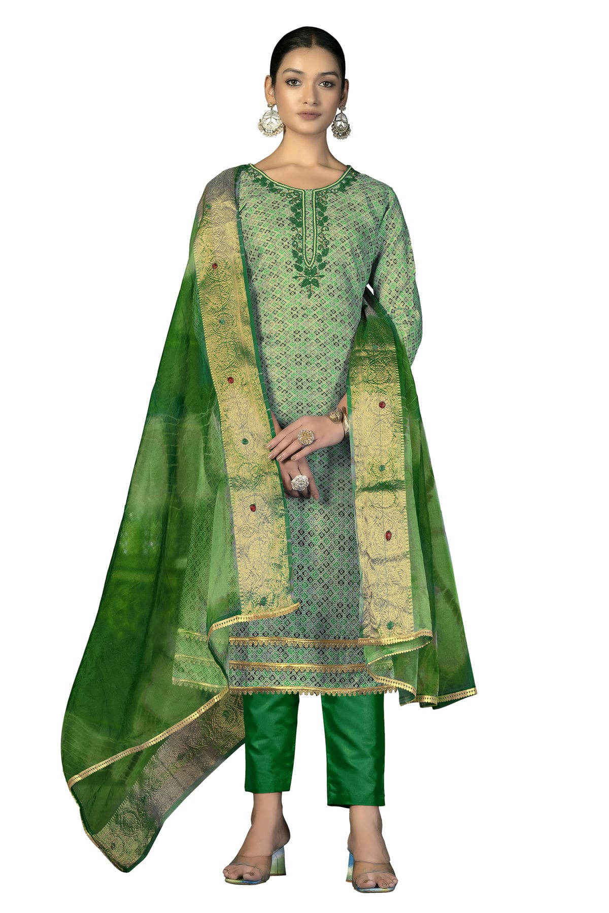 Light Green Colour Unstitched Cotton Fabric Straight Suit