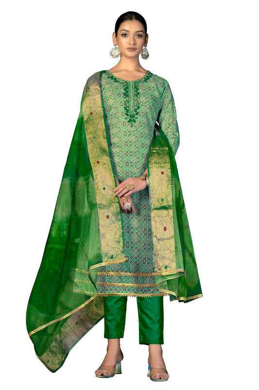 Light Green Colour Unstitched Cotton Fabric Straight Suit